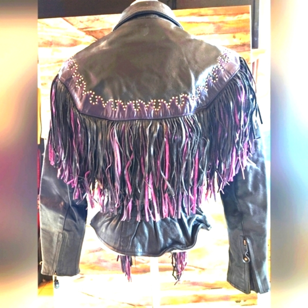 VTG 80s Black Leather Pink Purple Fringe Bike Zip Up Elastic Waist Jacket M - Picture 2 of 16